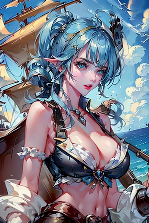 1girl,solo,cute,lightblue hair,beautiful face,big ,cleavas pirates,sea and sky, she hold a pistol