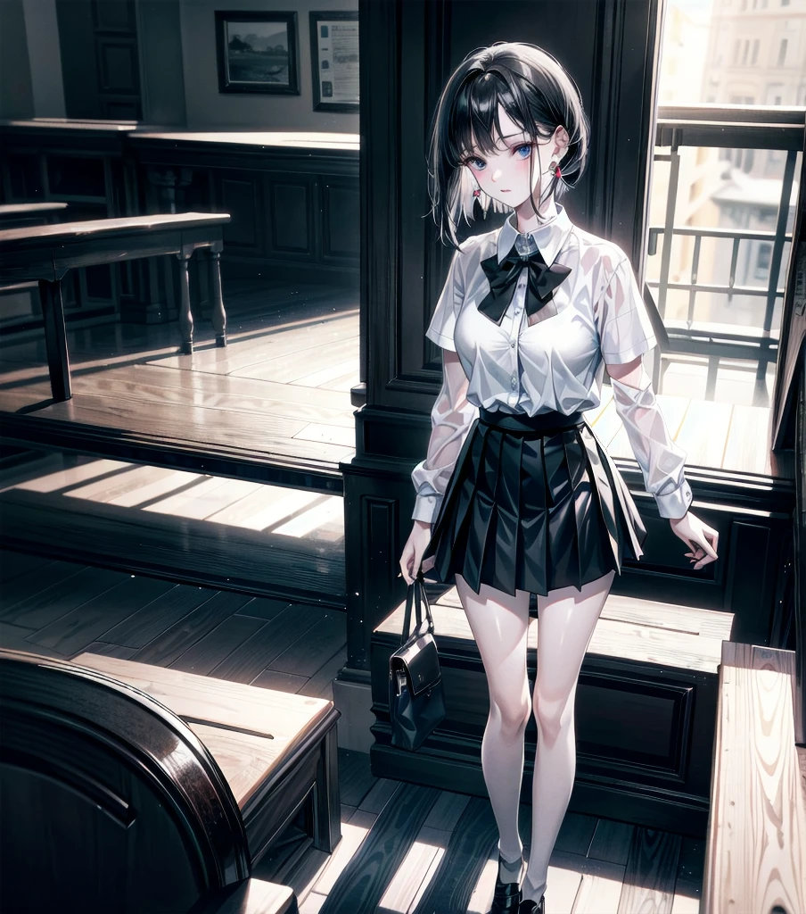 RAW photo, extremely delicate and beautiful, masterpiece, Best Quality, ultra high resolution, 16k, photorealistic, ultra detailed description, pale skin, in her 20s, full body, medium tits, medium hair, black hair, tearful mole, earring, school_uniform, shirt, skirt,
