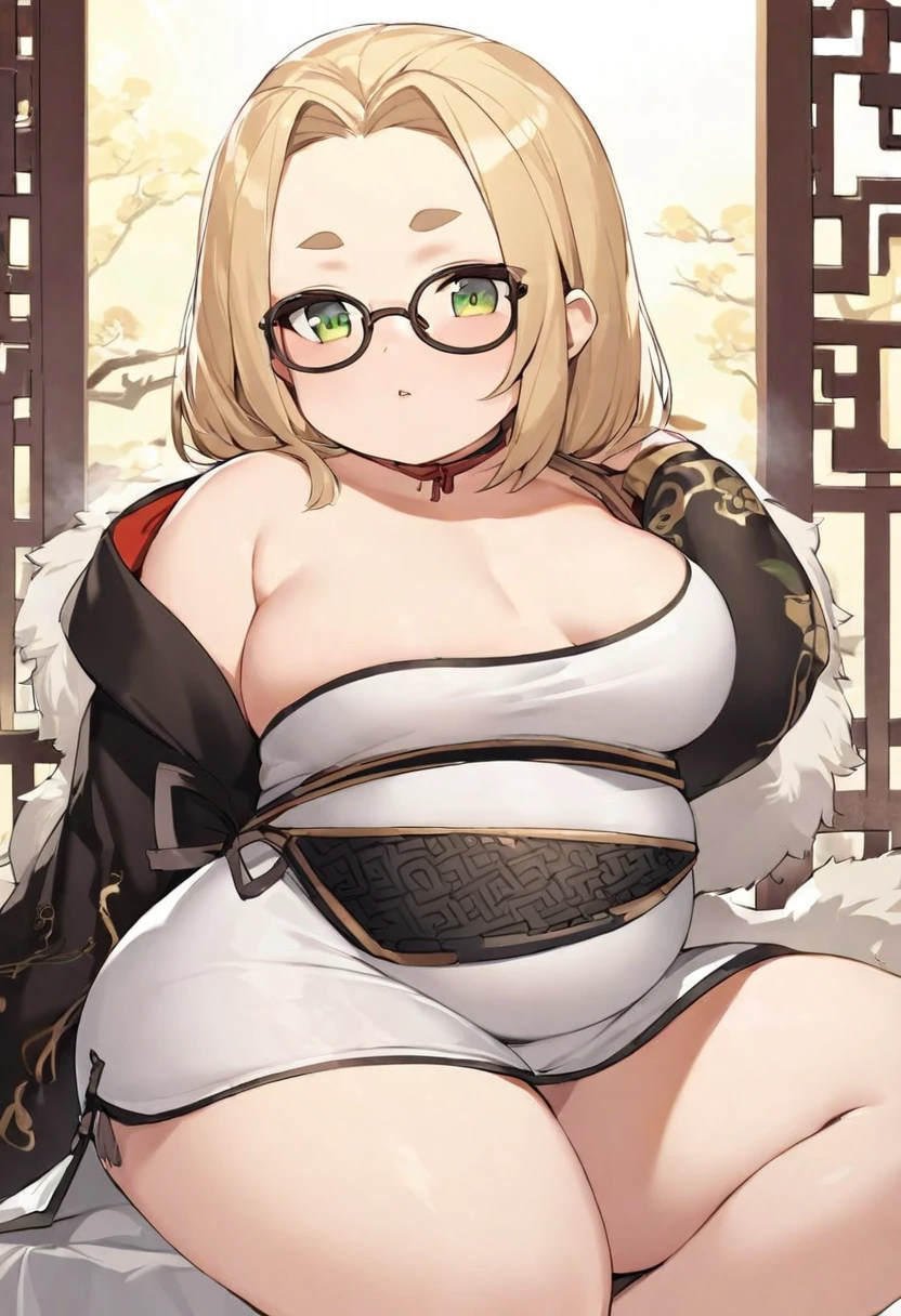 chubby girl, Blonde with green eyes, medium length hair, open forehead, without bangs, round facial features, glasses with black square frames 
Китайский стиль одежды, Ancient China, bare chest, bare thighs 
Хорошее качество