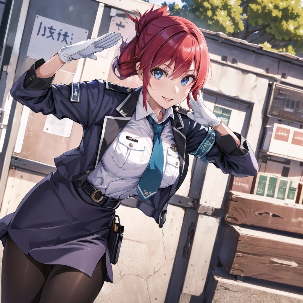 masterpiece, best quality, highres, aoi1, 1girl, solo, red hair, folded ponytail, blue eyes, skirt, necktie, white gloves, police uniform, belt, black pantyhose, jacket, armband, large breasts, cowboy shot, standing, smile, salute, outdoors,