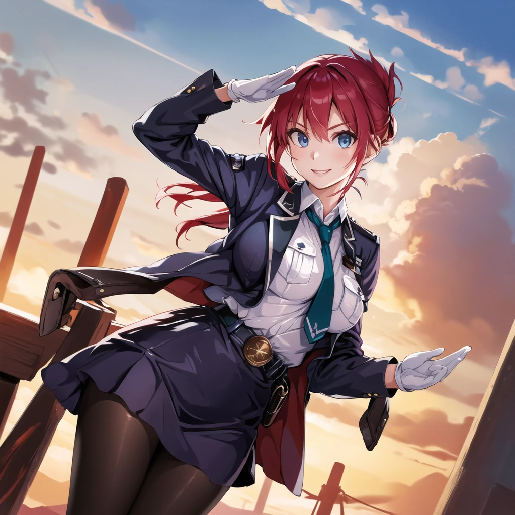 masterpiece, best quality, highres, aoi1, 1girl, solo, red hair, folded ponytail, blue eyes, skirt, necktie, white gloves, police uniform, belt, black pantyhose, jacket, armband, large breasts, cowboy shot, standing, smile, salute, outdoors,