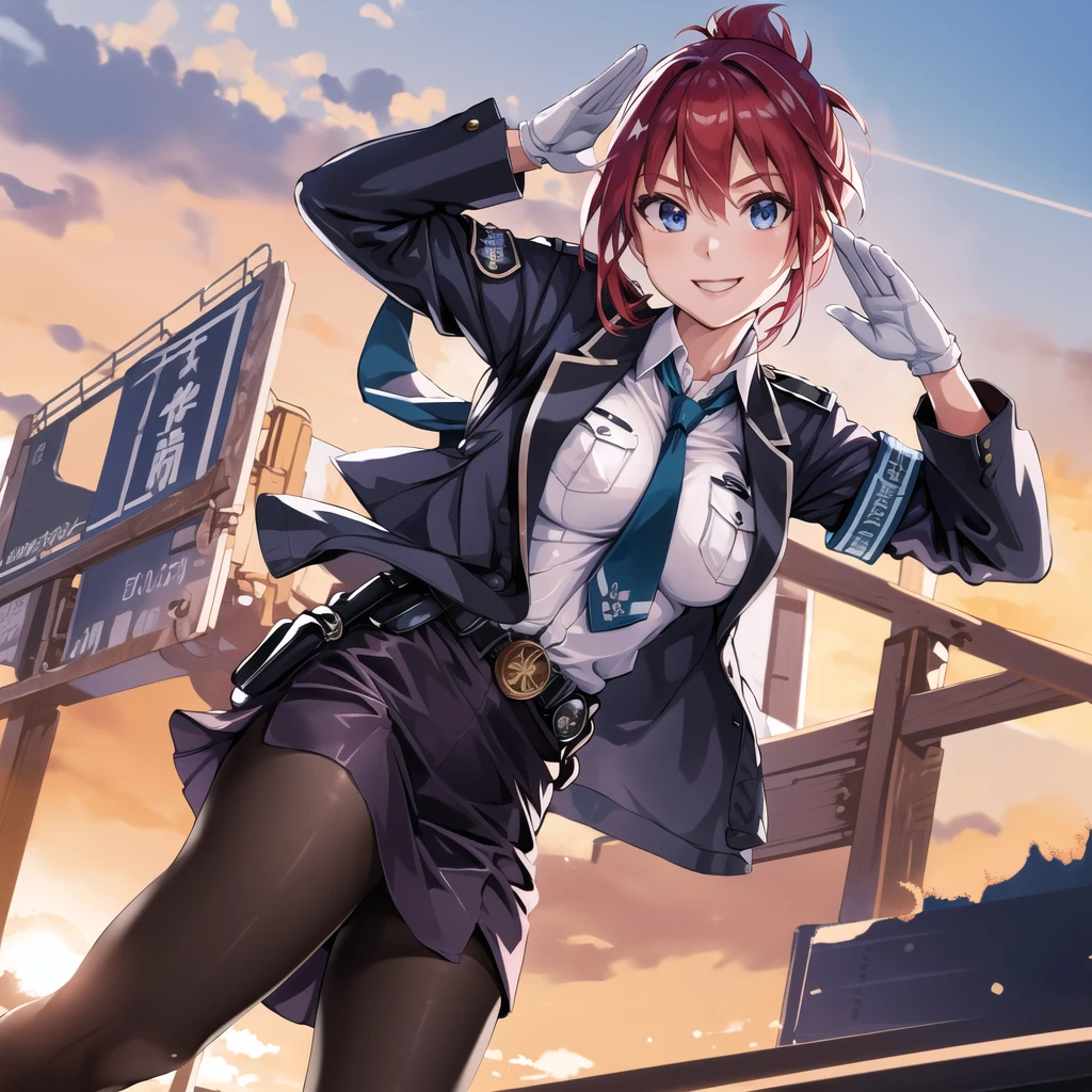 masterpiece, best quality, highres, aoi1, 1girl, solo, red hair, folded ponytail, blue eyes, skirt, necktie, white gloves, police uniform, belt, black pantyhose, jacket, armband, large breasts, cowboy shot, standing, smile, salute, outdoors,