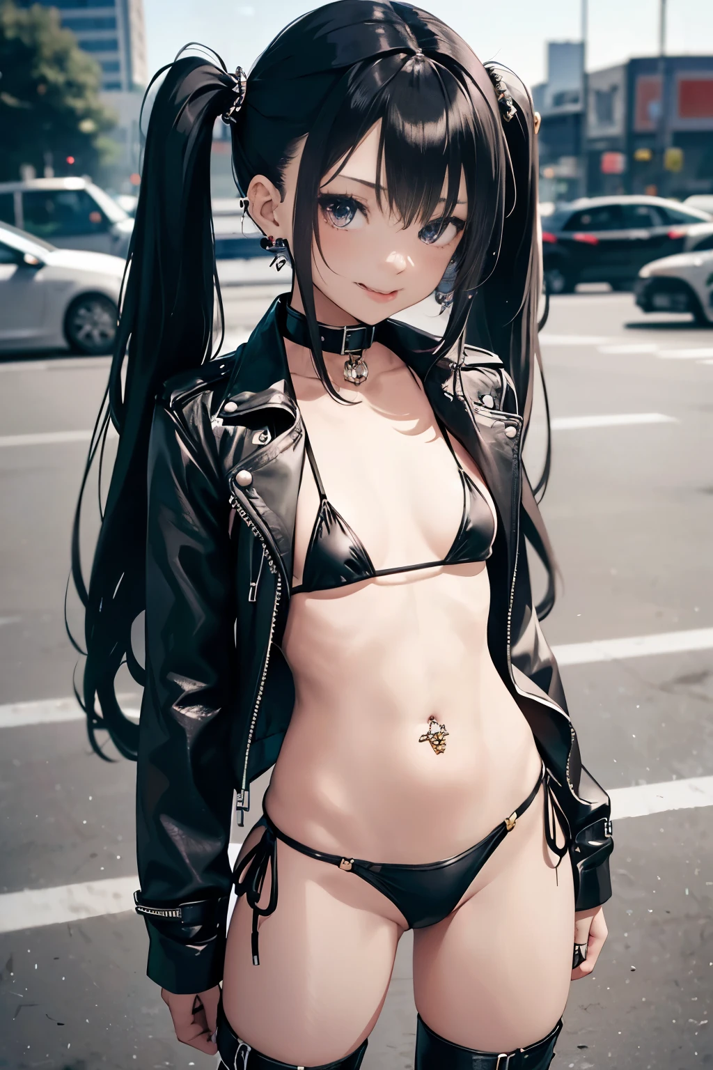 8yo, , solo, long haired, twintail hair, black hair, flat chest, (micro bikini), black long boots, leather jacket, (tongue out),, meny pierced earrings, navel piercing, thin legs, standing, exhibition, city , flom above, best quality,