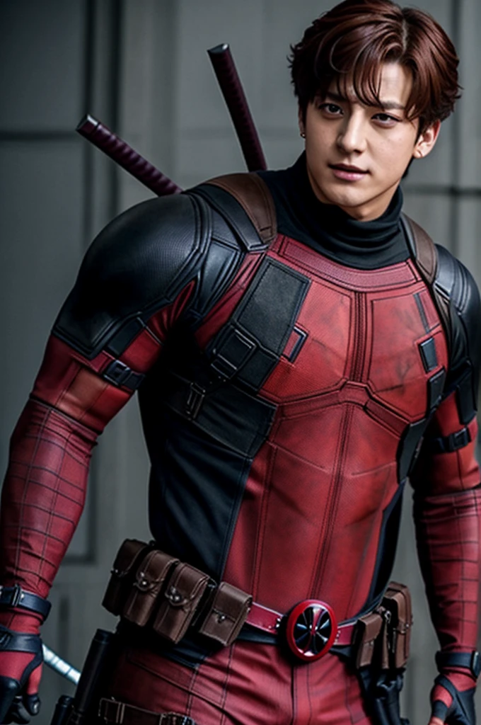 Jungkook de BTS con traje de deadpool, grandes pectorales, cuerpo tonificado