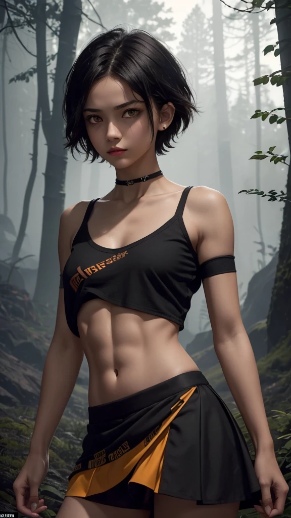 solo, 1girl, (masterpiece), ((16 year old appearance)), short hair, mohalk punk hair, small breasts, yellow eyes, ((detailed eyes)), (athletic body), (simple black cropped), micro black top with red details, Looking at the screen, orange lipstick, visible abs, small micro skirt, navel, (collarbone), (dark forest scenery background)