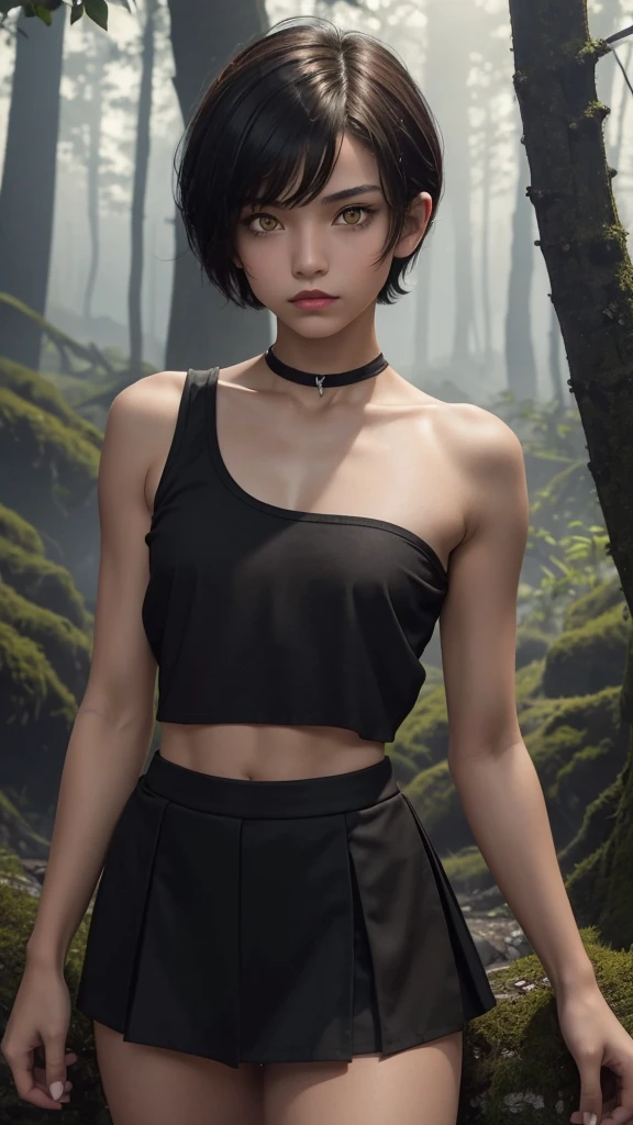 solo, 1girl, (masterpiece), ((16 year old appearance)), short hair, mohalk punk hair, small breasts, yellow eyes, ((detailed eyes)), (athletic body), (simple black cropped), micro black top with red details, Looking at the screen, orange lipstick, visible abs, small micro skirt, navel, (collarbone), (dark forest scenery background)
