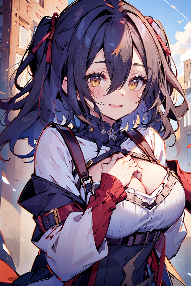 (masterpiece:1.2), (high quality:1.2), (hui xiyi:0.75), rekkyo sensen, rekkyou sensen, girls with((black hair, (tits cleavage:1.15), (waving is hands:1.2), (breasts close up:1.15), (suspenders:1.2), (dress:0.65), (blue clothes:1.05), (belts:0.7), (frills shirt:1.2), (white knit sweater:1.2), camisole, exposed breasts, straps, (cross:1.05), upper body, (long wavy hair:1.35), (one side up:1.2), nun, long sleeves, (both hands:1.15), (perfect hands:1.05), (five fingers:1.05))), background with((fantasy world, ruin, castle, beautiful sky, shining sky, sunshine))
