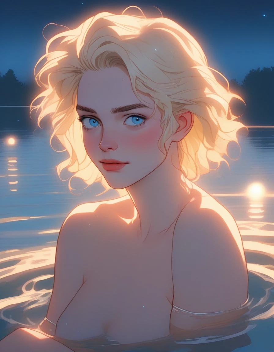 comic art style, 90's aesthetic, deitailed textures, soft and warm light, adult Woman(pale skin, short messy blonde hair, blue eyes), bathing in the lake at night, naked