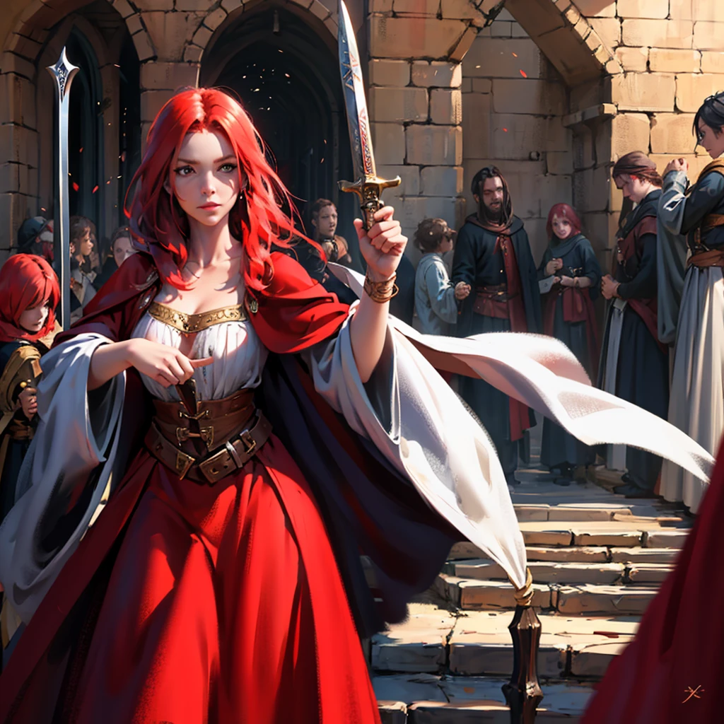Red-haired woman dressed in medieval clothing, in one hand she carries a dagger