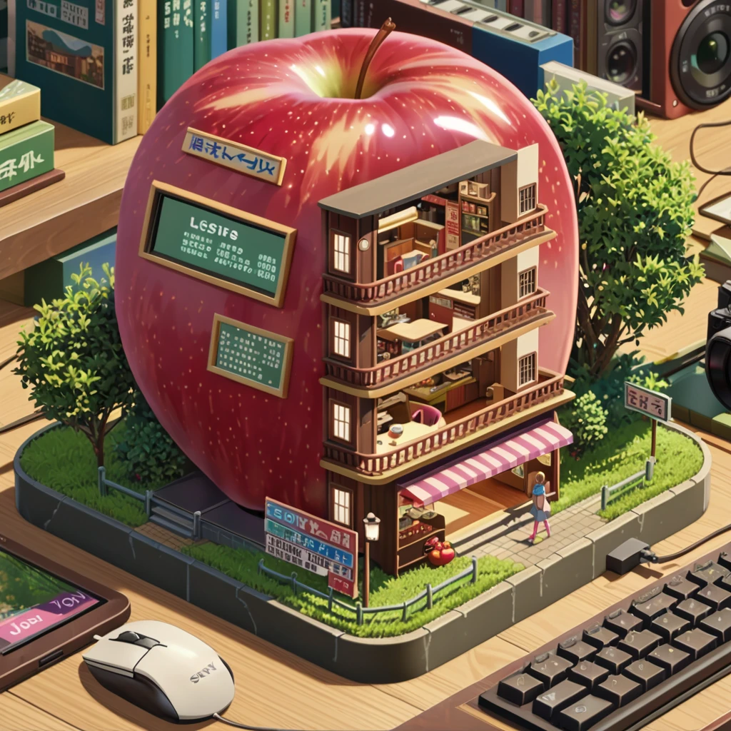 ((anime:1.4,illustration)),(masterpiece, top quality, best quality),(ultra-detailed, absolutely resolution),((16k, high res)), (((a miniature of a model of a small town for mouse inside an apple, incredibly detailed, a microscopic photo, photorealism)) ((cosy lofi illustration:1.4)), ((anime:1.4, illustration)),(masterpiece, top quality, best quality),(ultra-detailed, absolutely resolution),((16k, high res)) BREAK {lofi art, style of Laurie Greasley, style of Makoto Shinkai, anime aesthetic}, BREAK { (produces images with information than 40 million pixels with cinematic-like detailed textures shot on a Sony SLR).}