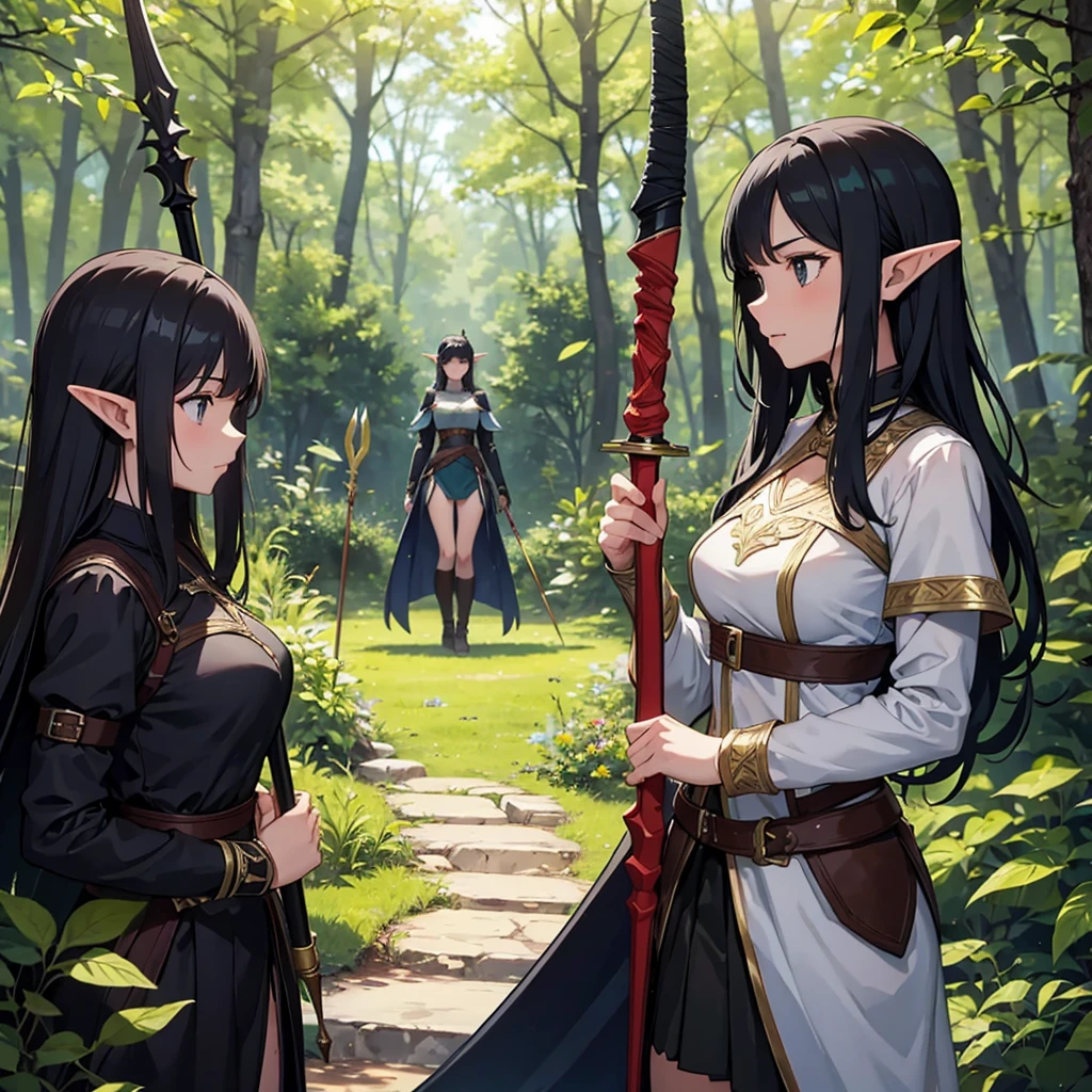 a scene of 3 women are posing with swords in the woods with other people, weapon, BLACK armor, polearm, pointy ears, 3girl, spear, nature, arrow (projectile), elf BLACK HAIR