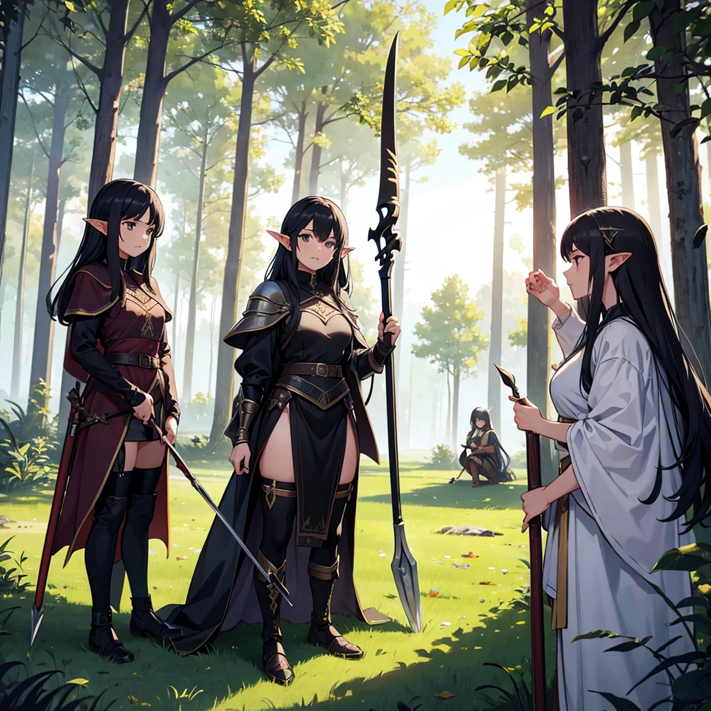 a scene of 3 women are posing with swords in the woods with other people, weapon, BLACK armor, polearm, pointy ears, 3girl, spear, nature, arrow (projectile), elf BLACK HAIR 