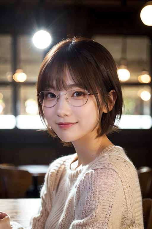 Japan girl in a casual hotel, the girl lay a bed in the hotel, watching the viewer, (highest quality, masterpiece))), high resolution, very detail, masterpiece, cinematic lighting, (8K, highest quality, masterpiece: 1.2), (realistic, photorealistic: 1.37) Hi-Res, Super Detail, 1 Girl , Woman with glasses, Thin Frame Round Glasses, Light Color Glasses Frame, Asian, Cute, cute face, solo, short hair 1.2, textured skin, beautiful smile, beautiful detailed sky, detailed café, night, movie lighting, depth of field, lens flare light, dating, (blushing nose), (smile: 1.15), eyes with beautiful details, (sweater: 1.1), night, (short hair: 1.2), floating hair Novafrog style,