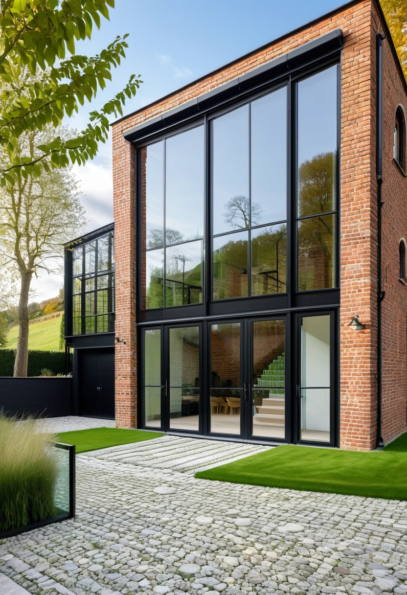 imagine an industrial house with different levels, with a glass wall divided by a massive black iron structure, a wall with English bricks, a black roof with a slope on the left side, grass in front, a stone floor up to the black main entrance door. Houses next door, Olmo trees at the entrance to the house