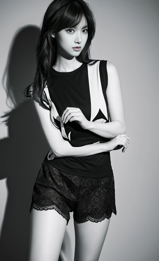 Highest quality, Masterpiece level, Intricate details, High-precision graphics, Ultra HD, Detailed Shadows, Great atmosphere, Dark Background, Shadow effects, Local Light, Pure beauty girl, Individual solo exhibition, Exquisitely detailed face and eyes, Real skin fit, Black and white contrast scheme, High waist and thin leg line, Shorts and stockings, (Tops are sleeveless T-shirts, Full-body presentation),