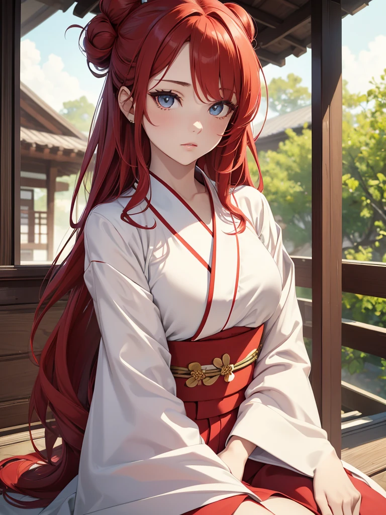 (8K, Best Quality, Masterpiece, Ultra High Resolution) 1 Girl, Beautiful Eyes, Face Details, Red Hair, Long Hair, Hair Buns, Hazel Eyes, Pale Skin, Wearing Short Kimono, Sitting on Porch, Masterpiece, Best Quality, Upper Body, Looking at the Viewer, Close Up