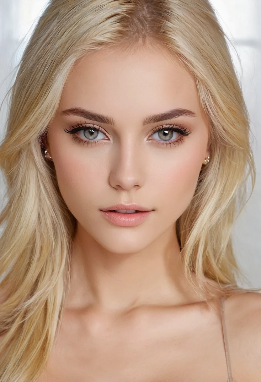 a pretty sexy blonde girl with almond eyes and slim body. You can see her entire body and she has everything very well defined. She has moles on her face and piercing