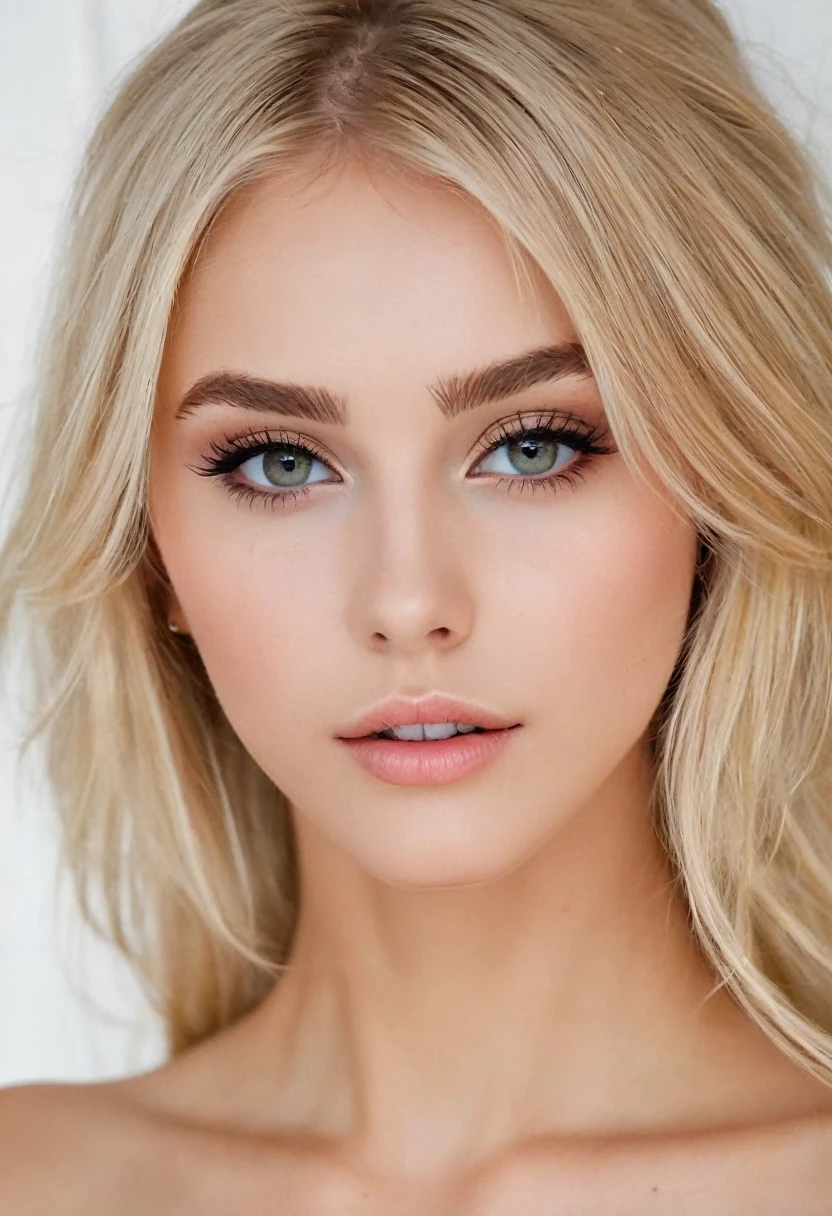 a pretty sexy blonde girl with almond eyes and slim body. You can see her entire body and she has everything very well defined. She has moles on her face and piercing