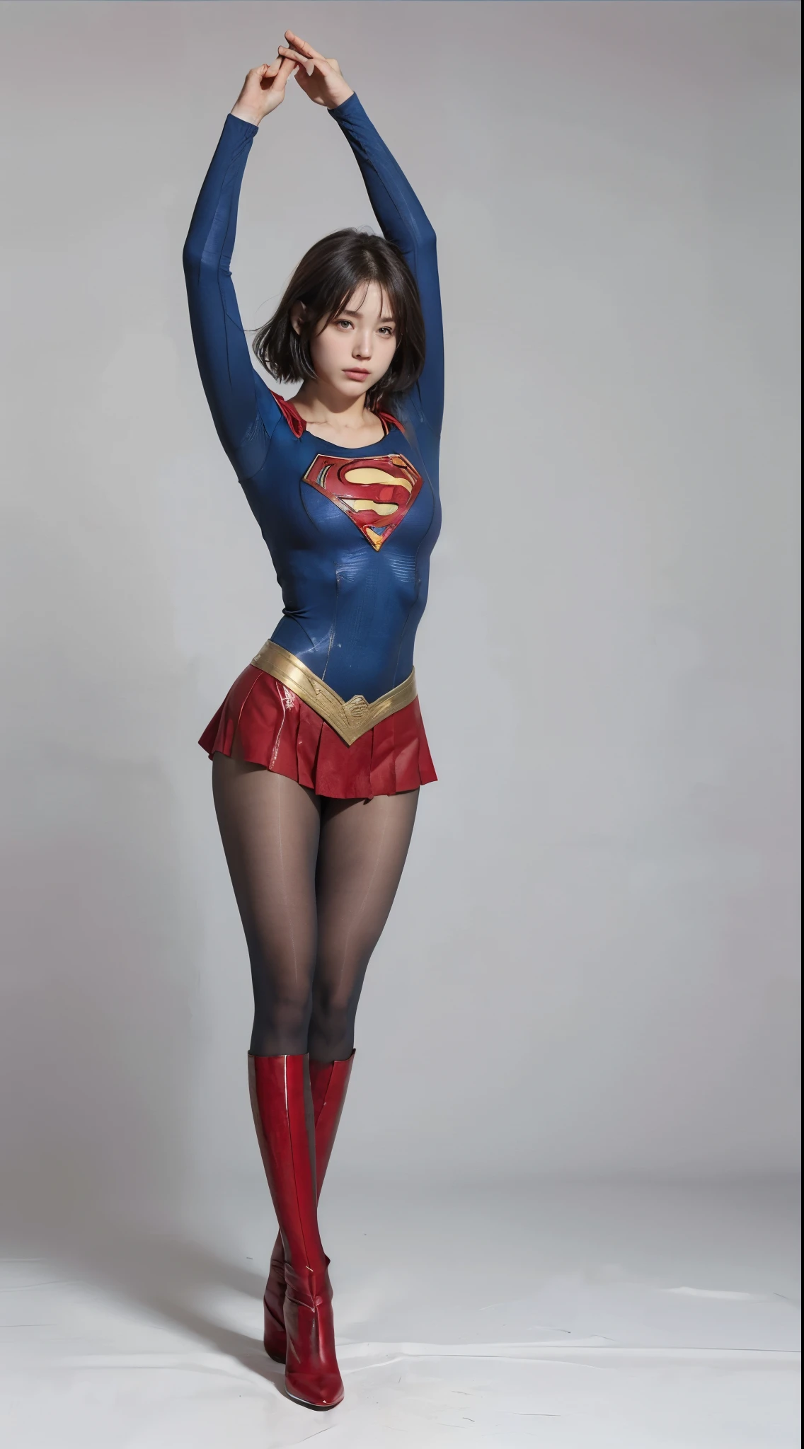 No background、extinct、She always has a troubled look on her face、Always close your eyes、Keep your arms up at all timesおく、Keep your arms up at all times、(((Beautiful legs in black tights.)))、(((Stretch your legs、expensive、あなたのsufferingを合法的に表現する)))、((((Make the most of your original images)))、(((Supergirl Costume)))、(((Beautiful short bob hair)))、(((suffering)))、(((Black tights legs、Wear red boots)))、((Best image quality、8k))、((Highest quality、8k、masterpiece:1.3))、(((Preserve background )))、Sharp focus:1.2、Beautiful woman with perfect figure:1.4、Slim Abs:1.2、Wet body:1.5、Highly detailed face and skin texture、8k