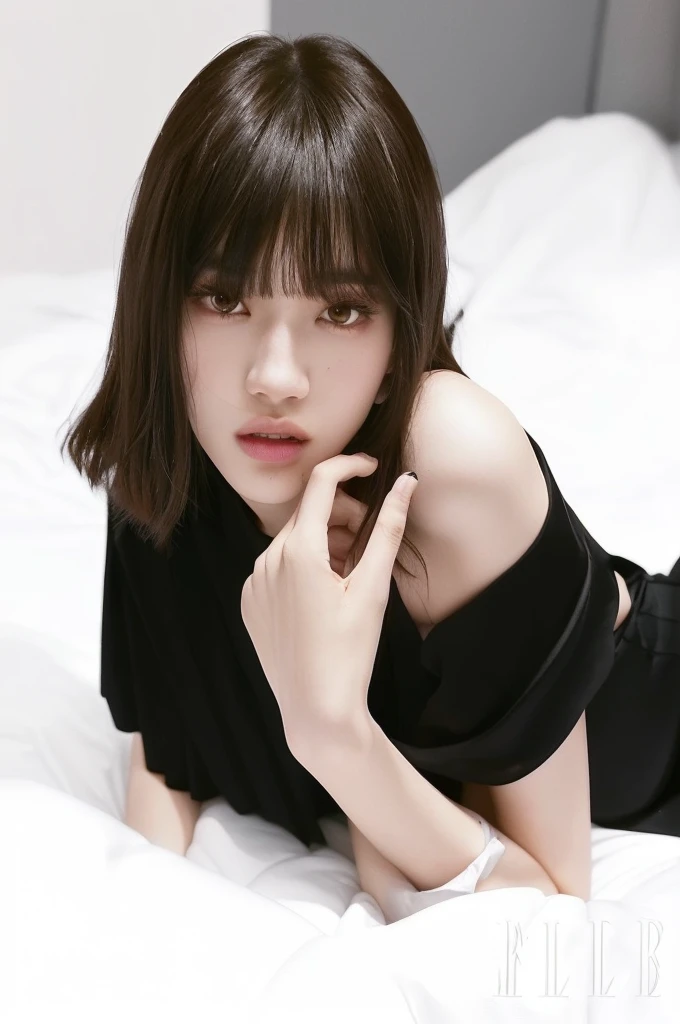 arafed woman laying on a bed with a black dress, kiko mizuhara, lalisa manobal, sun yunjoo, jia, lalisa manoban of blackpink, with bangs, jossi of blackpink, she has black hair with bangs, photoshoot, bae suzy, with full bangs, sha xi, hana alisa omer, solo photoshoot, blackpink Lisa