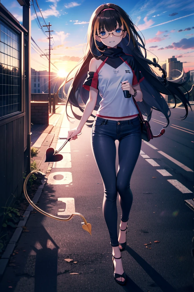 small, small, Black Hair, blue eyes, demon tail, hair band, Long Hair, mechanical tail, Multicolored Hair, tail, smile,Grin,tooth,Black-rimmed glasses,Cold shoulder tops,Short sleeve,Skinny jeans,Stiletto heels,morning,morning陽,The sun is rising,Walking,whole bodyがイラストに入るように,
break looking at viewer, whole body,
break outdoors,Building district,
break (masterpiece:1.2), Highest quality, High resolution, unity 8k wallpaper, (figure:0.8), (beautiful detailed eyes:1.6), extremely detailed face, Perfect lighting, extremely detailed CG, (Perfect hands, Perfect Anatomy),