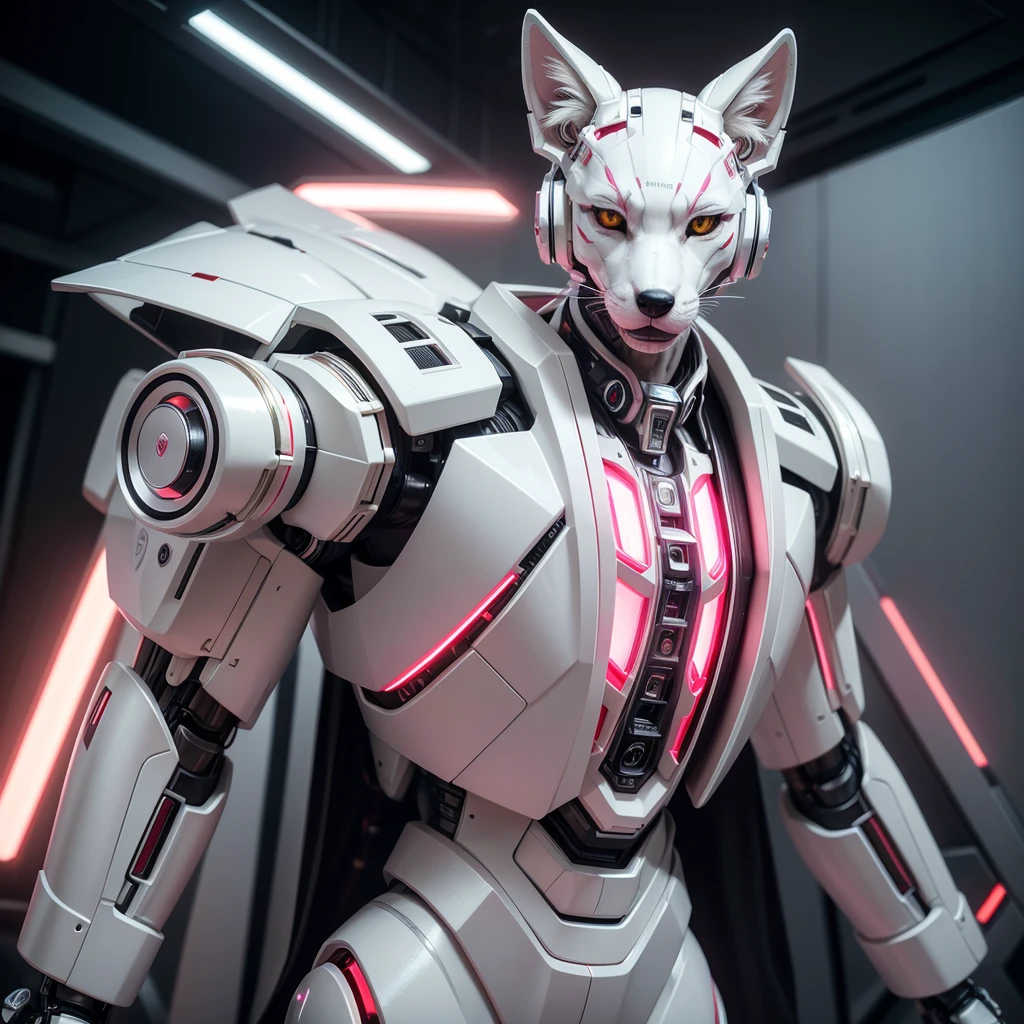 a white and pink robotic male fox with a red bowtie, yellow eyes and large ears, with a speaker in the middle of its chest, some parts in metallic silver, highly detailed, photorealistic, 8k, digital art, intricate, machinery, cyborg, futuristic, elegant, sophisticated, dynamic, cinematic lighting, vibrant colors
