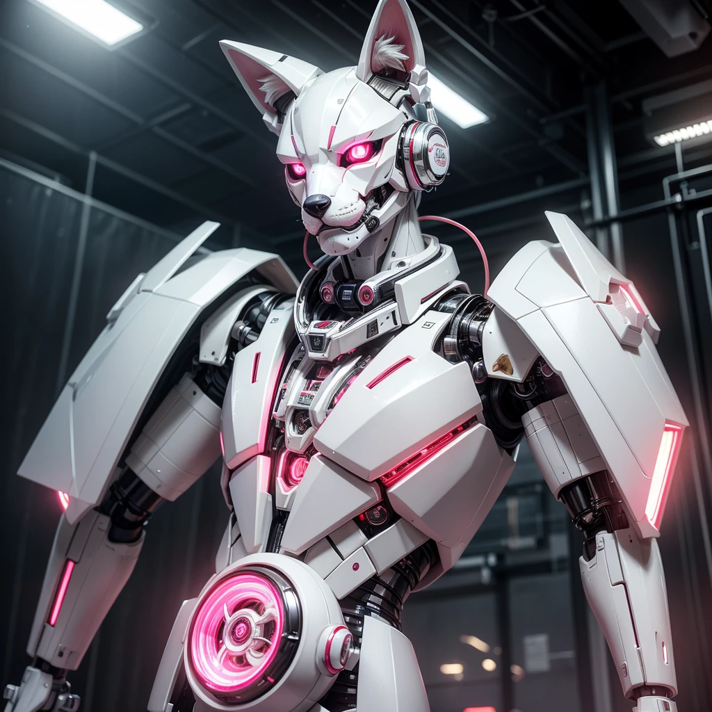 a white and pink robotic male fox with a red bowtie, yellow eyes and large ears, with a speaker in the middle of its chest, some parts in metallic silver, highly detailed, photorealistic, 8k, digital art, intricate, machinery, cyborg, futuristic, elegant, sophisticated, dynamic, cinematic lighting, vibrant colors