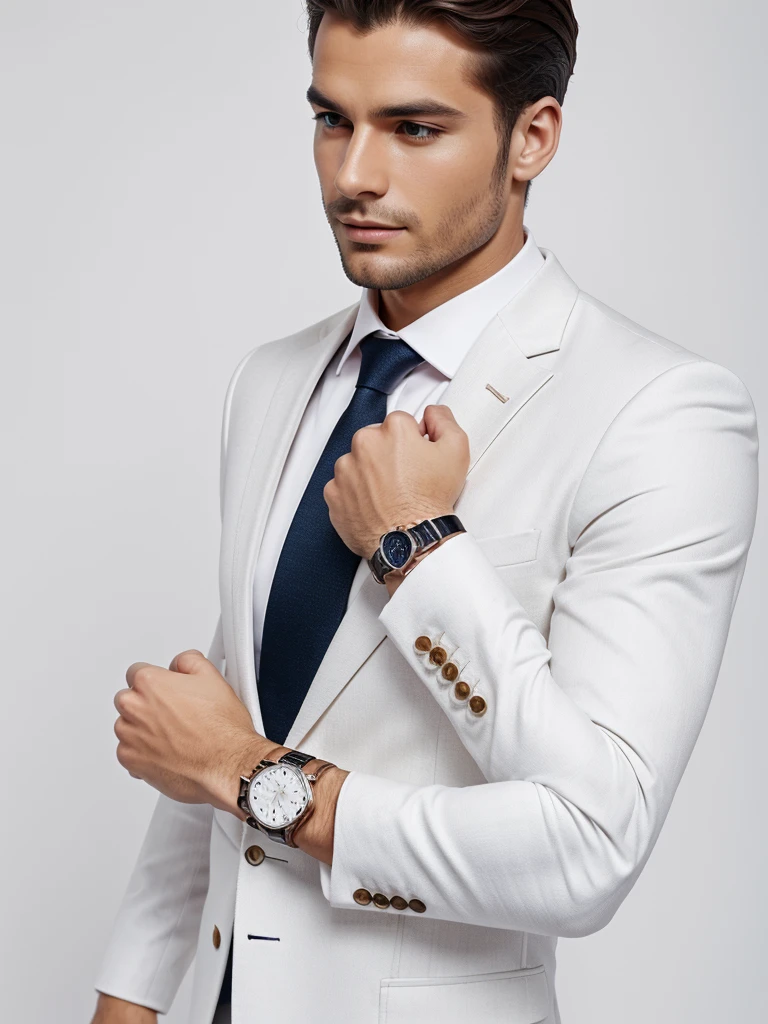 well-dressed elegant man with watch on his wrist, white background, 4k quality