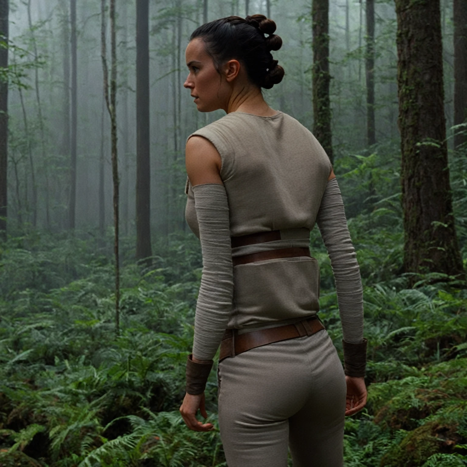 cinematic film still rey, highly detailed, high budget Hollywood movie by barry jenkins, ((she is showing her very small ass)), nsfw, solo 1 woman, ass is focus but its still covered in the pants, (sideprofile), rey wears her outfit without scarves