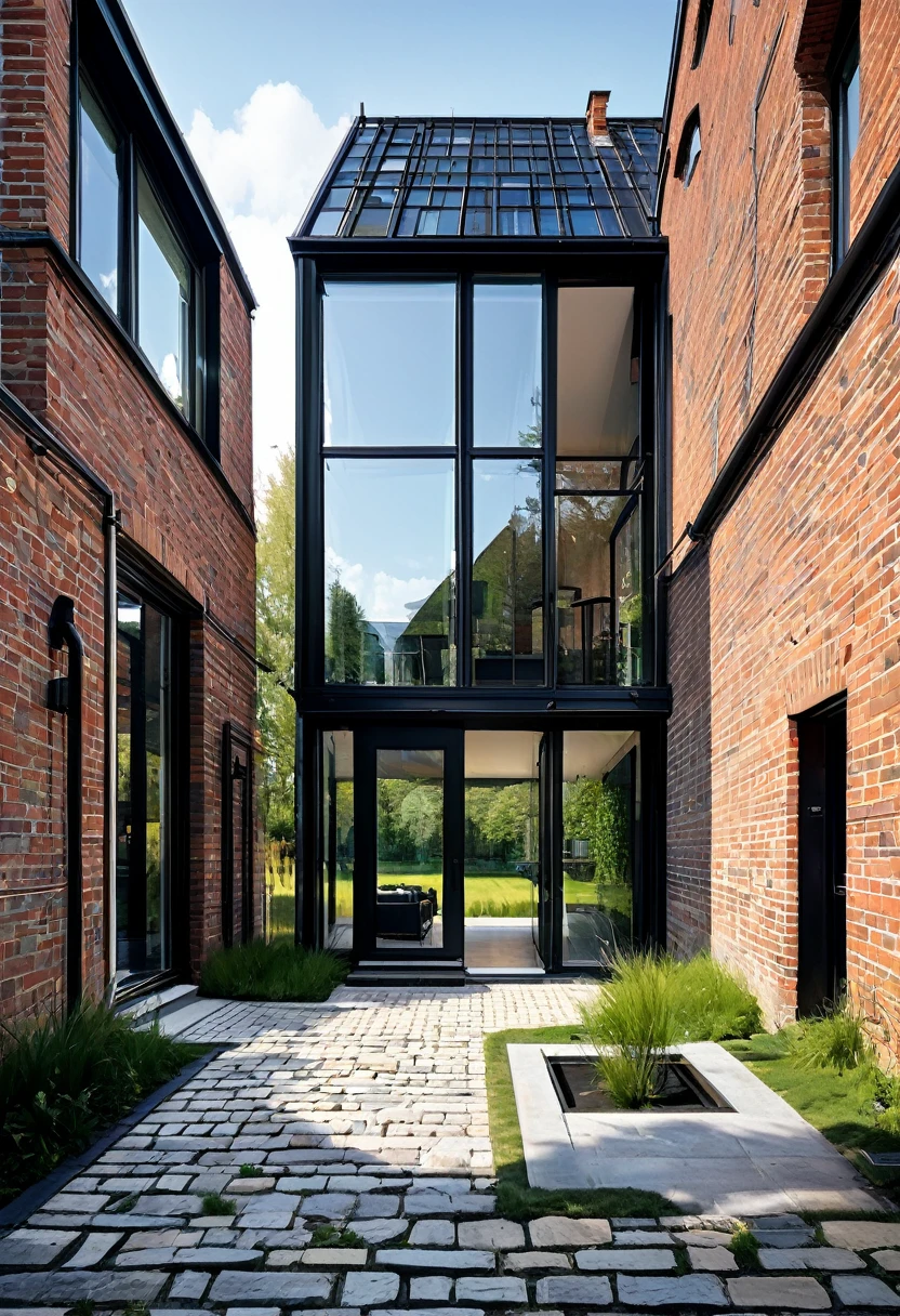 imagine an industrial house with different levels, with a glass wall divided by a massive black iron structure, a wall with English bricks, a black roof with a slope on the left side, grass in front, a stone floor up to the black main entrance door. Houses next door, Olmo trees at the entrance to the house
