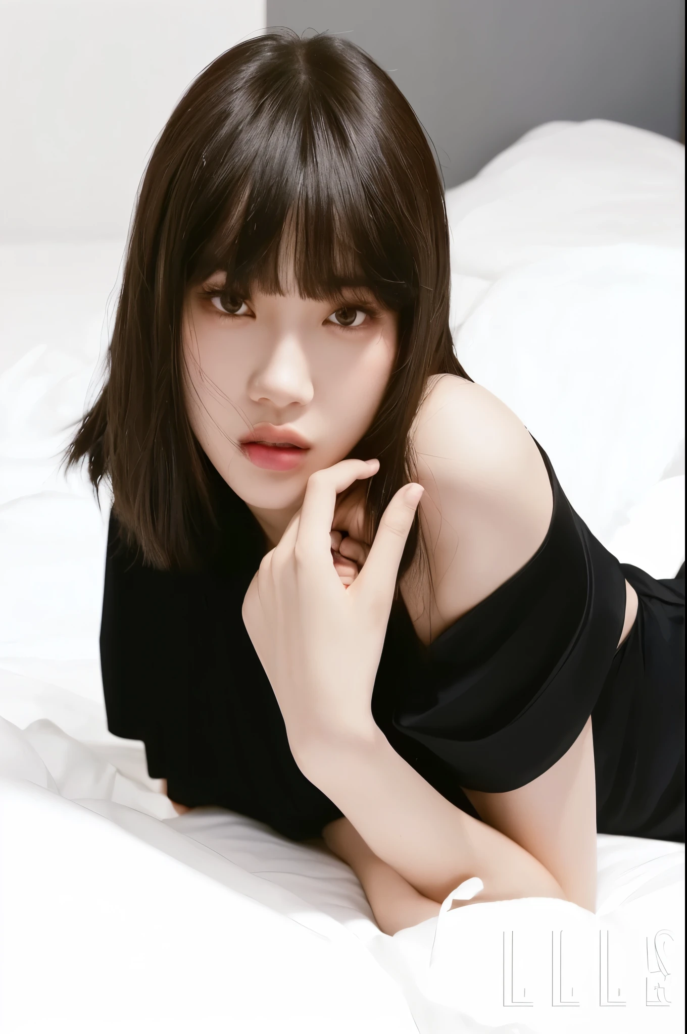 arafed woman laying on a bed with a black dress, kiko mizuhara, lalisa manobal, sun yunjoo, jia, lalisa manoban of blackpink, with bangs, jossi of blackpink, she has black hair with bangs, photoshoot, bae suzy, with full bangs, sha xi, hana alisa omer, solo photoshoot, blackpink Lisa