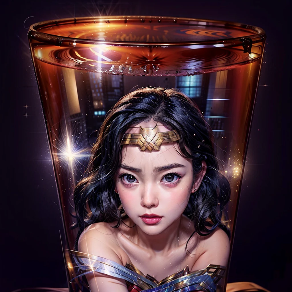High-level, 8K Masterpiece TopQuality, Ultra-detailed CG, Absurd detailed wallpaper, PerfectLighting, Extremely detailed (((Personifying " Sexy Wonder Woman " as a KAWAII Girl))), Characteristic Items, aesthetic LifeLike Rendering, MysticSight,
Haze Tyndall Scattering, (Studio GRAY Background with (Oodles Dazzling RainbowColorParticles (BokeH))), (((Assfocus)) RoundlyButts ThighGap), (Exposed:0.9) NSFW 🔞 BREAK (Acutance:0.8), (NOGIZAKA FaceVariations) Extremely Detailed very KAWAII FaceVariations, Childish CaptivatingGaze ElaboratePupils Detailed Eyes with (SparklingHighlights:1.28), (Voluminous LongEyelashes:0.88)、Glossy RedLips with beautiful details, CoquettishTongue, RosyCheeks, Radiant PearlSkin with Transparency, Glowing DowneyHair . { (Dynamic LifeLike expressions:1.4) | (:d) }, (large eyes:-1) .((lying forward in container, Square glass Container))
