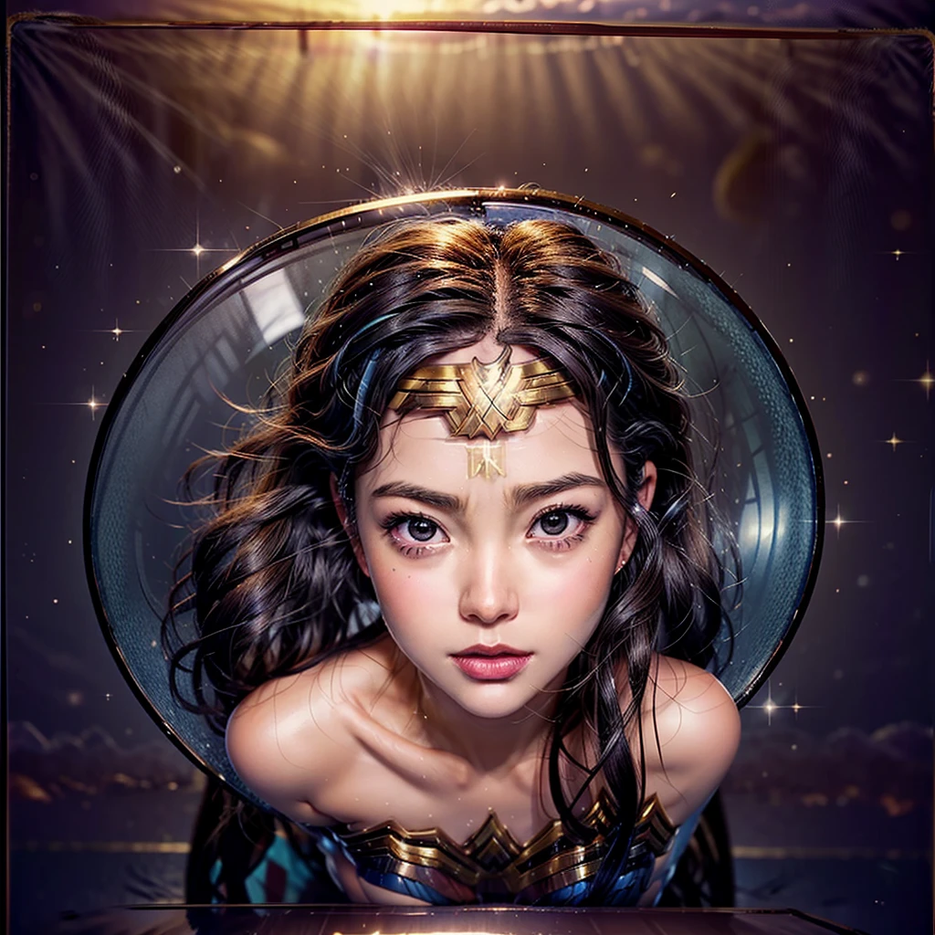 High-level, 8K Masterpiece TopQuality, Ultra-detailed CG, Absurd detailed wallpaper, PerfectLighting, Extremely detailed (((Personifying " Sexy Wonder Woman " as a KAWAII Girl))), Characteristic Items, aesthetic LifeLike Rendering, MysticSight,
Haze Tyndall Scattering, (Studio GRAY Background with (Oodles Dazzling RainbowColorParticles (BokeH))), (((Assfocus)) RoundlyButts ThighGap), (Exposed:0.9) NSFW 🔞 BREAK (Acutance:0.8), (NOGIZAKA FaceVariations) Extremely Detailed very KAWAII FaceVariations, Childish CaptivatingGaze ElaboratePupils Detailed Eyes with (SparklingHighlights:1.28), (Voluminous LongEyelashes:0.88)、Glossy RedLips with beautiful details, CoquettishTongue, RosyCheeks, Radiant PearlSkin with Transparency, Glowing DowneyHair . { (Dynamic LifeLike expressions:1.4) | (:d) }, (large eyes:-1) .((lying forward in container, Square glass Container))