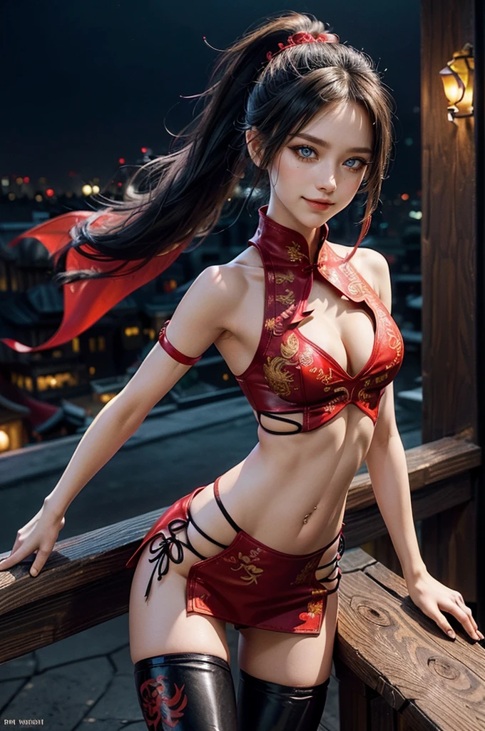 (RAW photo, best quality), Cute girl with short black hair, (ponytail), (city roof at night background), low light , dark eyeliner, happy smile, gorgeous face , super cute, 18 years old , young looking, hyper detailed face, dark eyeliner, (medium ??????), (thin waist, super slender), (???? shoulders, (exposed ????), skintight and red PVC qipao china dress with yellow dragon decoration and vivid patterns, deep black leather thigh high boots, red PVC arm sleeves with yellow flower decorations and vivid patterns, cleavage, ((both hands on waist)), one leg in front of the other, (((very extremely small small navel exposure))), (((navel piercing)))