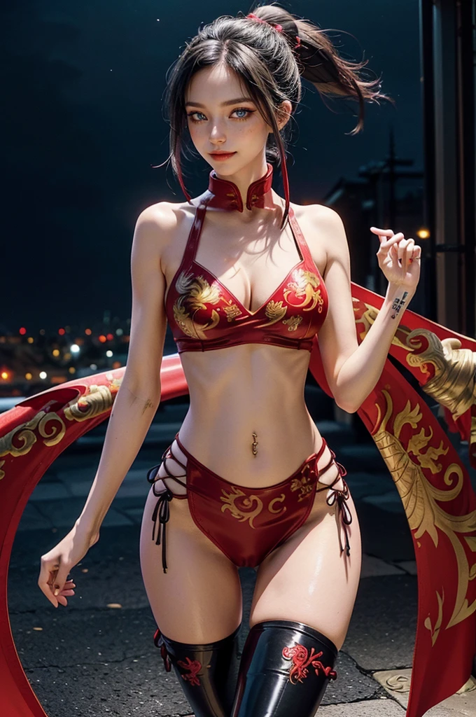 (RAW photo, best quality), Cute girl with short black hair, (ponytail), (city roof at night background), low light , dark eyeliner, happy smile, gorgeous face , super cute, 18 years old , young looking, hyper detailed face, dark eyeliner, (medium breast), (thin waist, super slender), (bare shoulders, (exposed hips), skintight and red PVC qipao china dress with yellow dragon decoration and vivid patterns, deep black leather thigh high boots, red PVC arm sleeves with yellow flower decorations and vivid patterns, cleavage, ((both hands on waist)), one leg in front of the other, (((very extremely small small navel exposure))), (((navel piercing)))