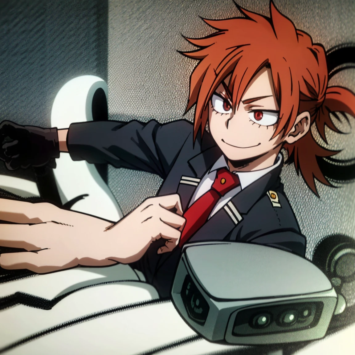 1boy, male focus, boku no hero academia, masterpiece, best quality, very aesthetic, muscular body, short low ponytail hair, deep orange hair, scarlet eyes, smirk, gray jacket, red tie, white shirt, teal pants, boots