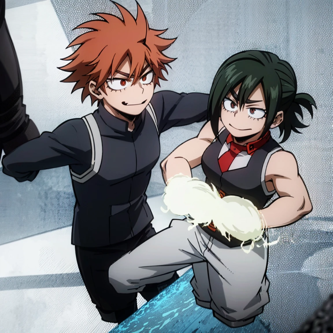 1boy, male focus, boku no hero academia, masterpiece, best quality, very aesthetic, muscular body, short low ponytail hair, deep orange hair, scarlet eyes, smirk, gray jacket, red tie, white shirt, teal pants, boots 