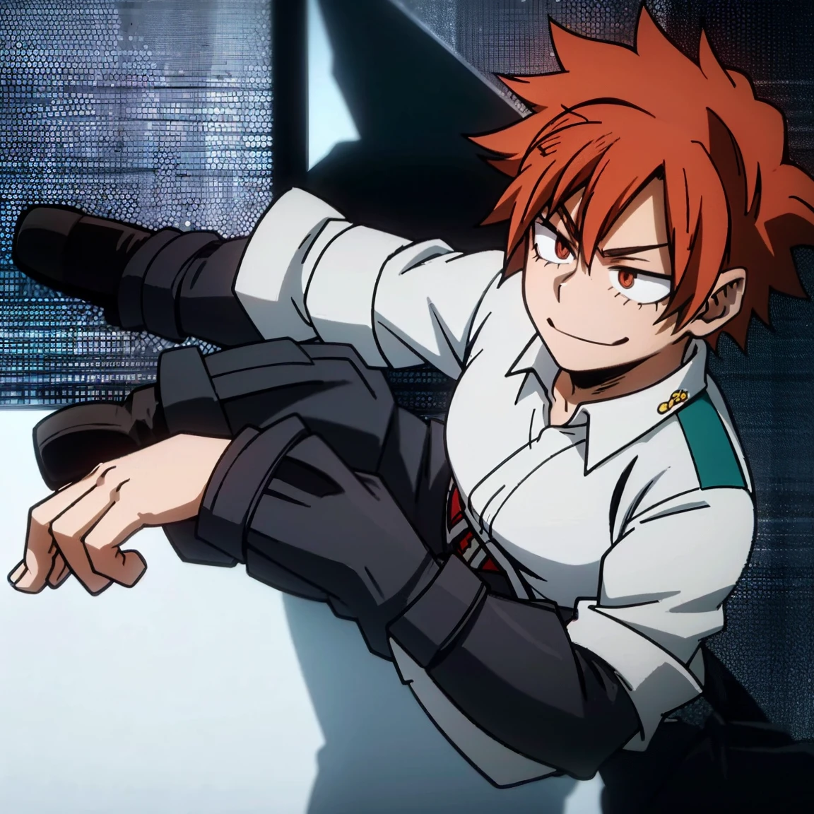 1boy, male focus, boku no hero academia, masterpiece, best quality, very aesthetic, muscular body, short low ponytail hair, deep orange hair, scarlet eyes, smirk, gray jacket, red tie, white shirt, teal pants, boots 