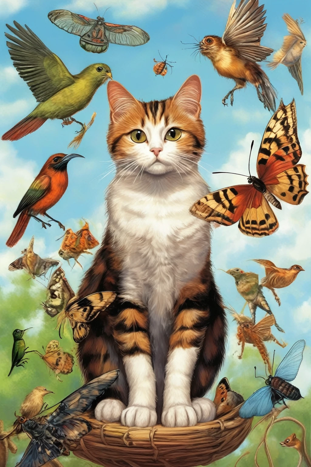 Gatos, aves e insectos en el cielo.