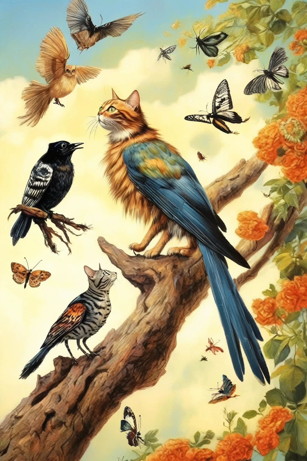 Gatos, aves e insectos en el cielo.