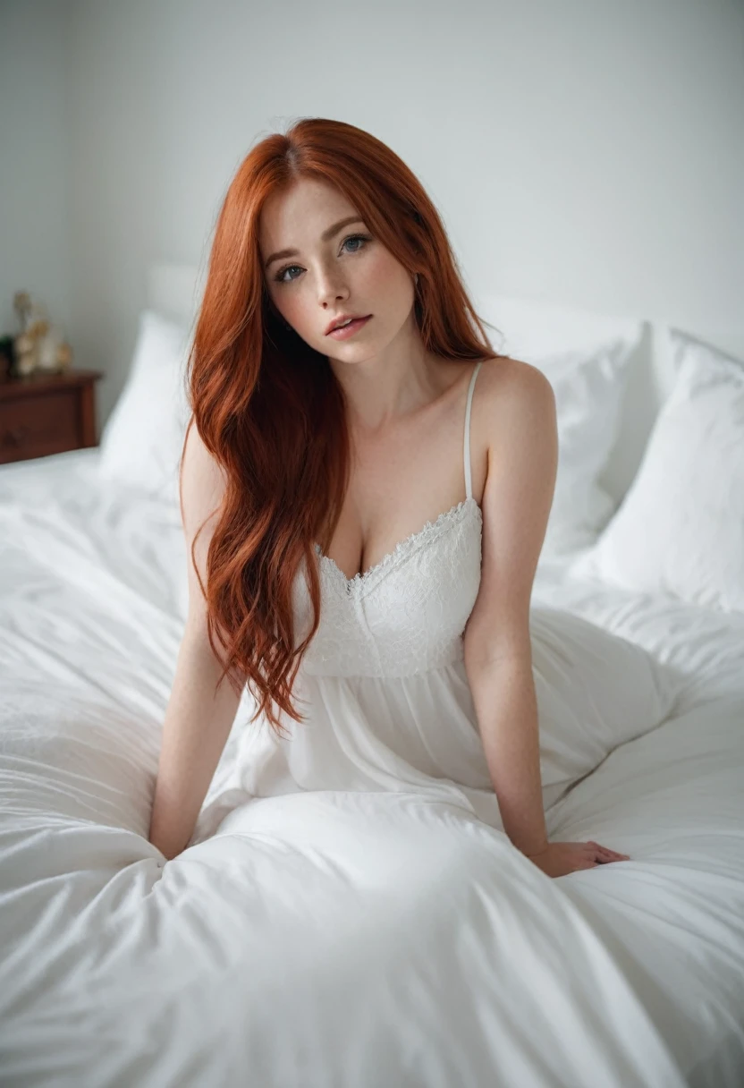 1girl in, age19, Solo, Aesthetic artwork, irish redhead, wavy ginger hair, shoulder length ginger hair, gray eyes, light grey eyes, some small freckles, pale skin, A-cup, small breasts, runners body, (textured skin, skin pores:1.1), (moles:0.8), imperfect skin, goosebumps, in a dark bedroom sitting down, relaxing, innocent, (extremely detailed 8k wallpaper), (soft lighting), high quality, film grain, Fujifilm XT3 sharp focus, f 5.6, 50mm, High Detail, Sharp focuoudoir light), in a pink silk nightgown. Silk, A pink nightgown, lace pattern, poking through, cleavage, legs spread open, crazy details, complex details, hyperdetailed