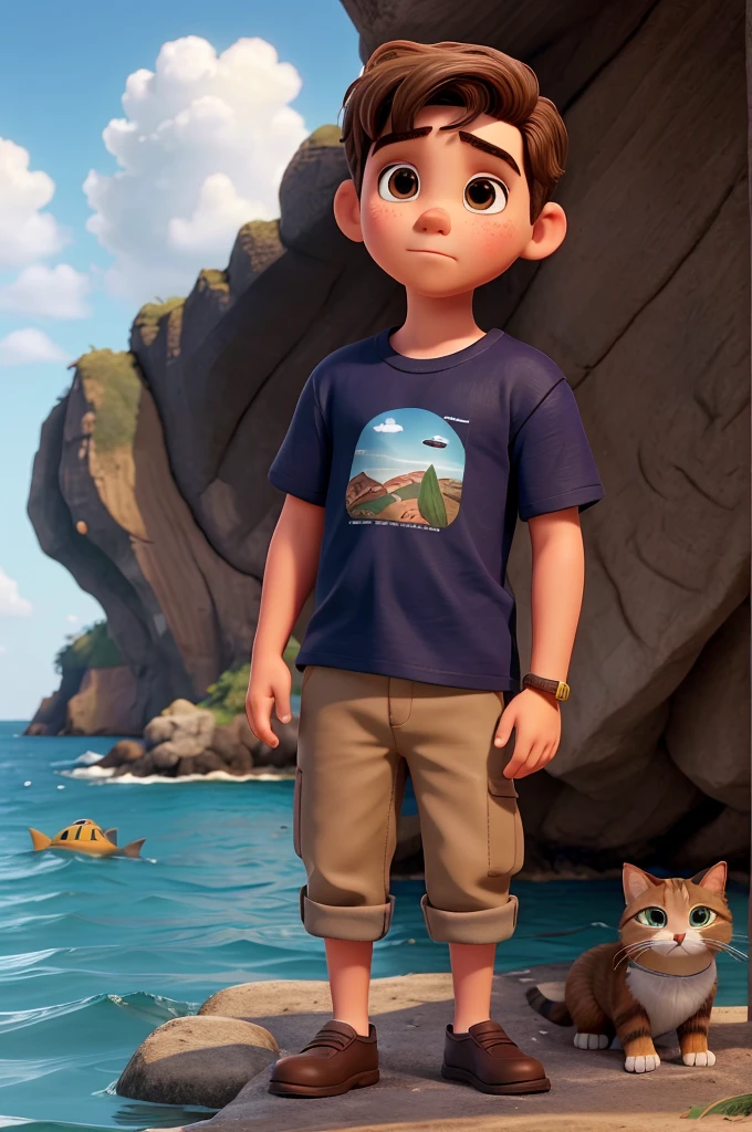 Retrato realista de um garoto de sete anos, ele usa uma camisa preta, your hair is brown and your face is sad. Behind him there is a fisherman, uma mulher adulta, um garoto ruivo de sete anos e um gato, who have already died and are in the form of angels