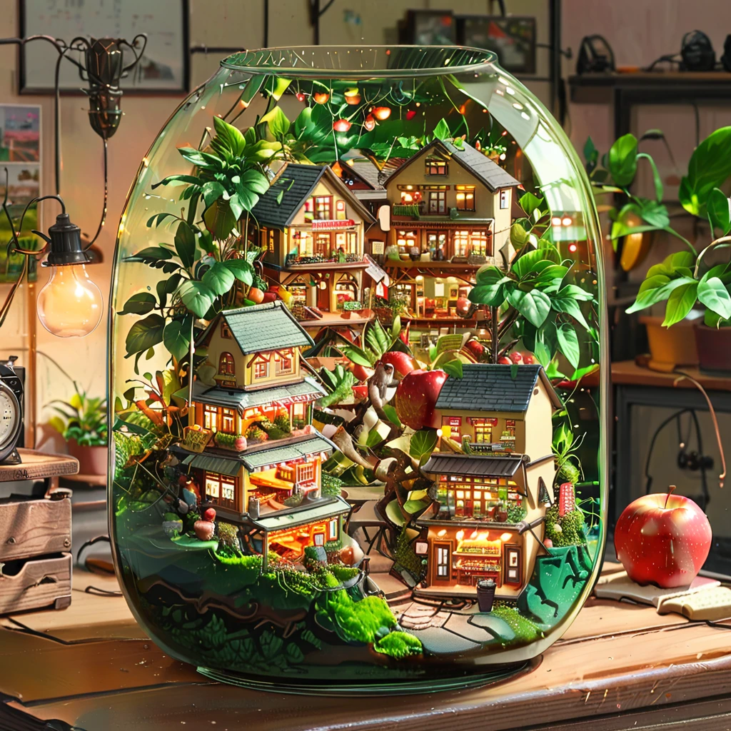((anime:1.4,illustration)),(masterpiece, top quality, best quality),(ultra-detailed, absolutely resolution),((16k, high res)),
(((a miniature of a model of a plants shop inside an apple, incredibly detailed, a microscopic photo, photorealism))
((cosy lofi illustration:1.4)), ((anime:1.4, illustration)),(masterpiece, top quality, best quality),(ultra-detailed, absolutely resolution),((16k, high res)) BREAK {lofi art, style of Laurie Greasley, style of Makoto Shinkai, anime aesthetic}, BREAK { (produces images with information than 40 million pixels with cinematic-like detailed textures shot on a Sony SLR).}