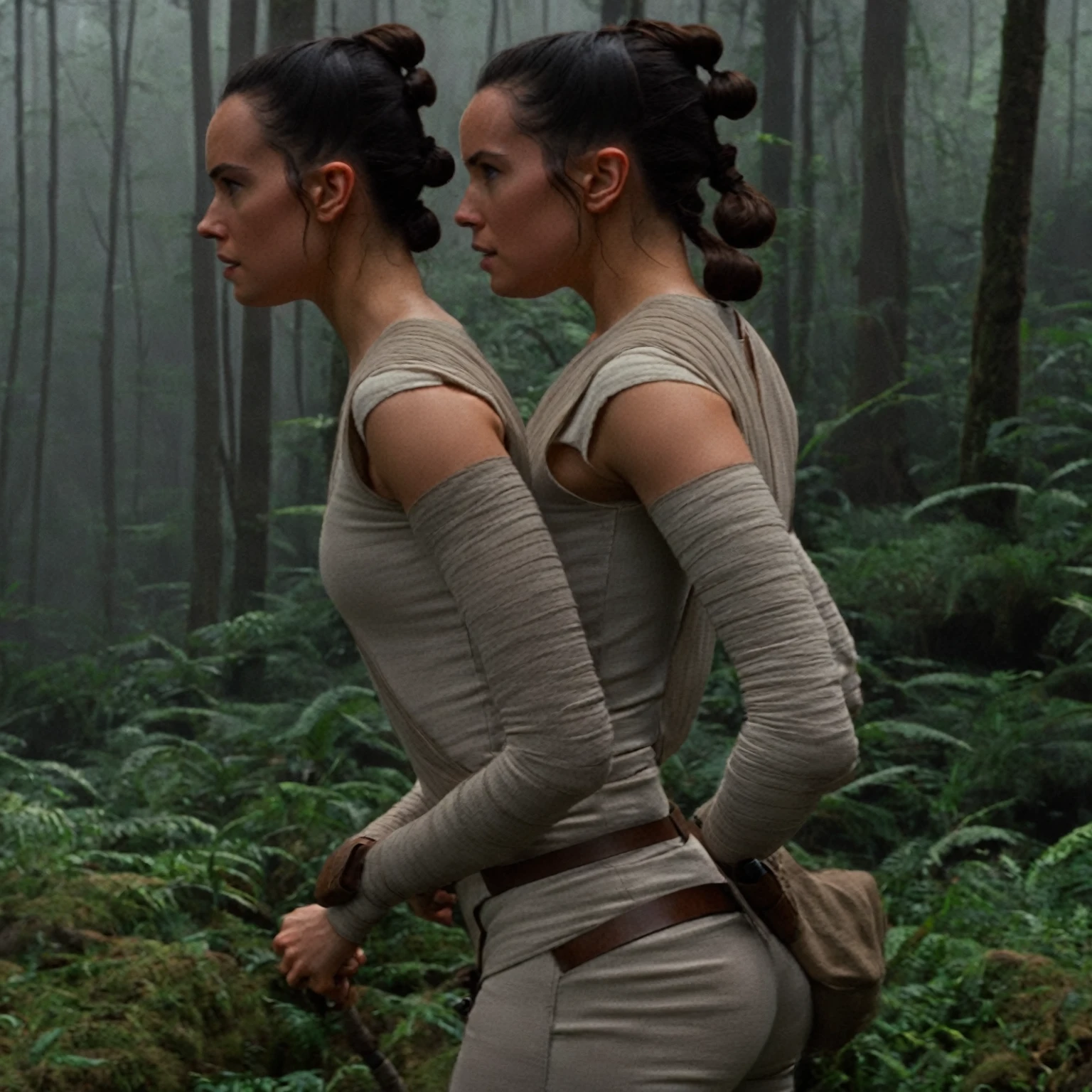 cinematic film still rey, highly detailed, high budget Hollywood movie by barry jenkins, ((she is showing her very small ass)), nsfw, solo 1 woman, ass is focus but its still covered in the pants, (sideprofile), rey wears her outfit without scarves, very flat small boobs covered behind the clothes, the foto is shot from the side and shows rey