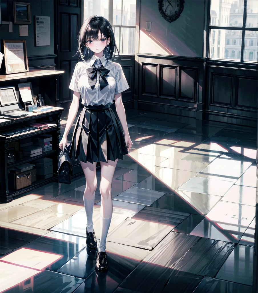 RAW photo, extremely delicate and beautiful, masterpiece, Best Quality, ultra high resolution, 16k, photorealistic, ultra detailed description, pale skin, in her 20s, full body, medium tits, medium hair, black hair, tearful mole, earring, school_uniform, shirt, skirt,