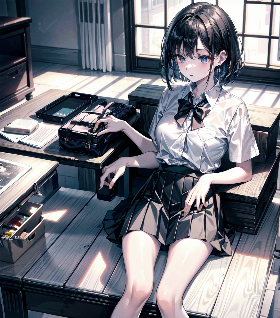 RAW photo, extremely delicate and beautiful, masterpiece, Best Quality, ultra high resolution, 16k, photorealistic, ultra detailed description, pale skin, in her 20s, full body, medium tits, medium hair, black hair, tearful mole, earring, school_uniform, shirt, skirt,