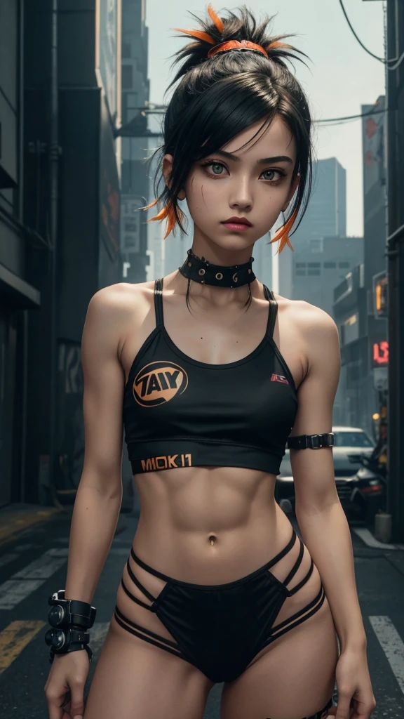 solo, 1girl, (masterpiece), ((16 year old appearance)), mohalk punk hair, small breasts, yellow eyes, ((detailed eyes)), (athletic body), (simple black cropped), micro black top with red details, Looking at the screen, orange lipstick, visible abs, small micro thong, navel, (collarbone), (cyberpunk scenery background)