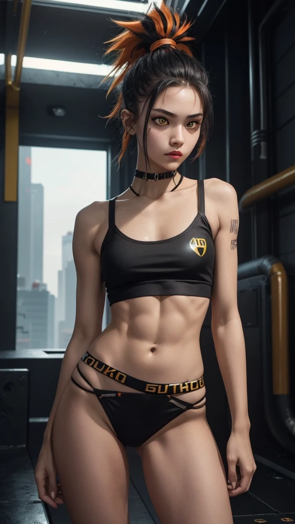 solo, 1girl, (masterpiece), ((16 year old appearance)), mohalk punk hair, small breasts, yellow eyes, ((detailed eyes)), (athletic body), (simple black cropped), micro black top with red details, Looking at the screen, orange lipstick, visible abs, small micro thong, navel, (collarbone), (cyberpunk scenery background)