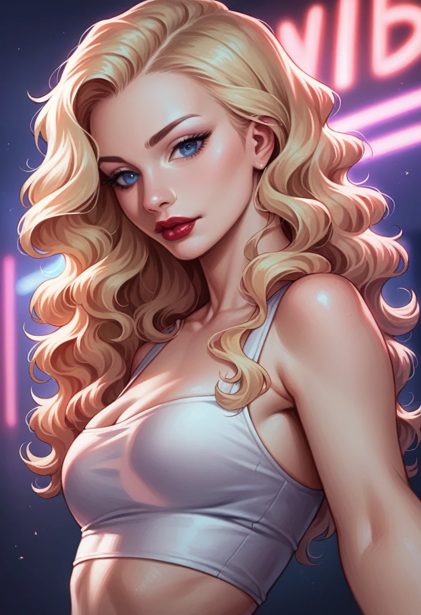 blonde woman with wavy hair, 21 years old, red lips, view from the side, small mouth closed, medium , blue eyes, realistic photo, glamour photo, night club, neon light, high pov, looking down, sexy, midriff