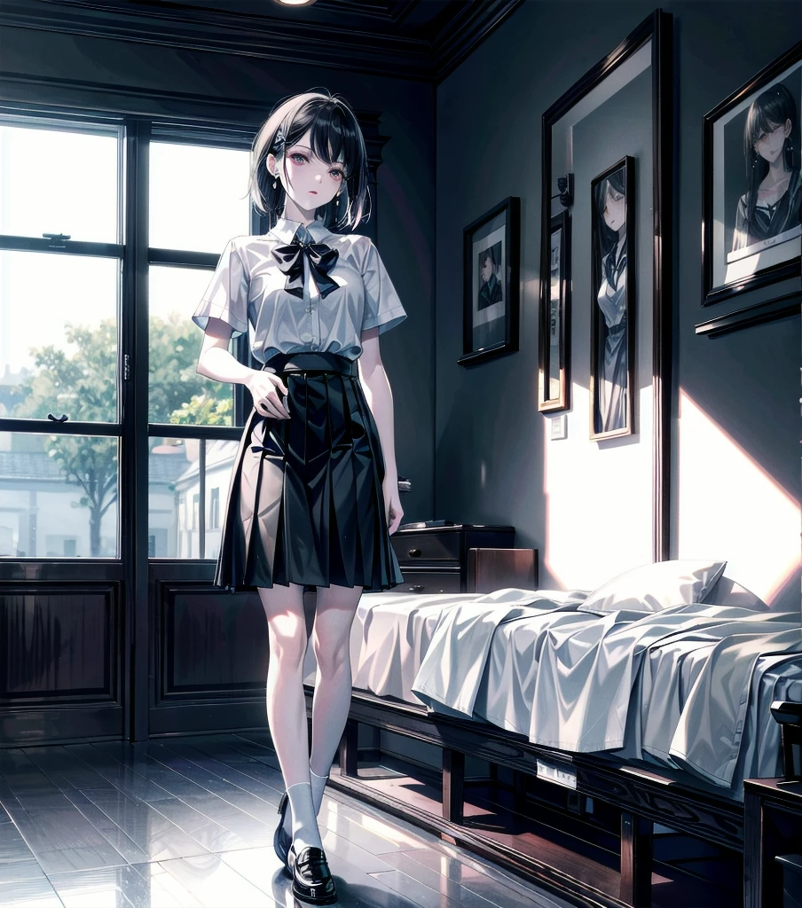 RAW photo, extremely delicate and beautiful, masterpiece, Best Quality, ultra high resolution, 16k, photorealistic, ultra detailed description, pale skin, in her 20s, solo, alone, full body, medium tits, medium hair, black hair, tearful mole, earring, school_uniform, shirt, skirt,